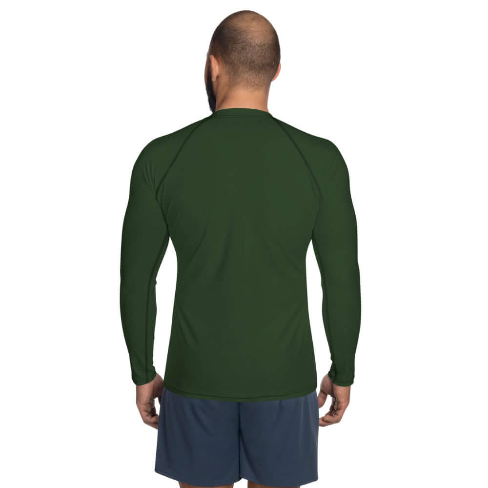 Back view of Herren-Rash-Guard N°17 in dark green, featuring long sleeves and ergonomic seams for protection and comfort.