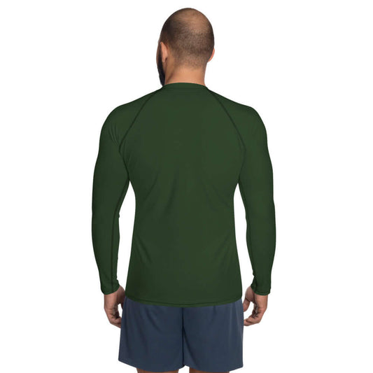 Back view of Herren-Rash-Guard N°17 in dark green, featuring long sleeves and ergonomic seams for protection and comfort.