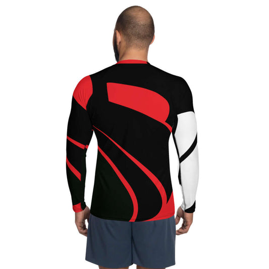 Herren-Rash-Guard N°19 in red, black, and white design, long sleeves, ergonomic fit, protects from sun and wind, stretchy material.