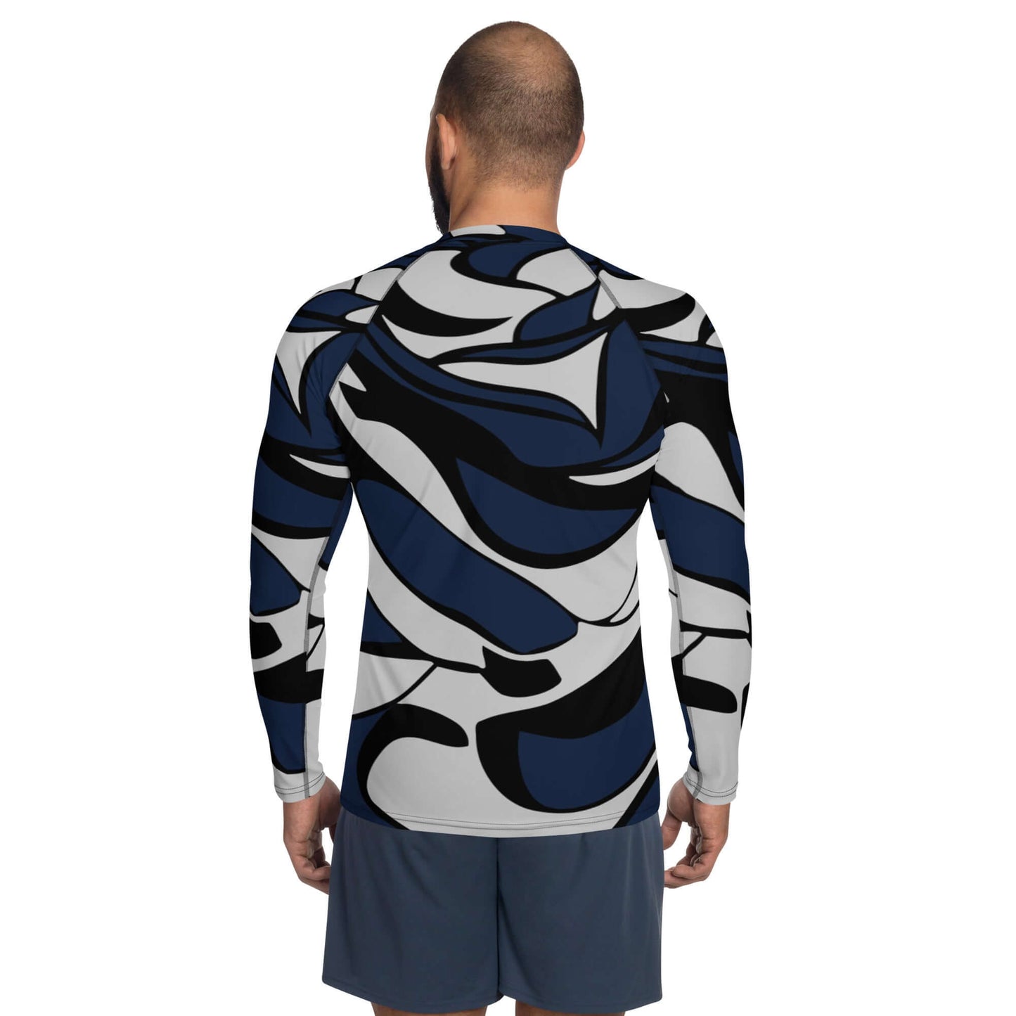 Herren-Rash-Guard N°27 in black and blue abstract pattern, back view, long sleeves, designed for sun protection and comfort.