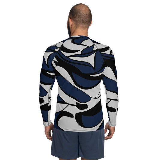 Herren-Rash-Guard N°27 in black and blue abstract pattern, back view, long sleeves, designed for sun protection and comfort.