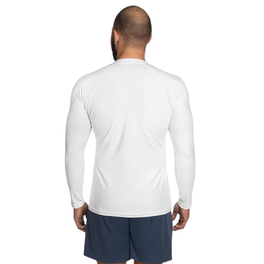 Herren-Rash-Guard N°28 in white, rear view showing long sleeves and ergonomic seams for sun and wind protection.