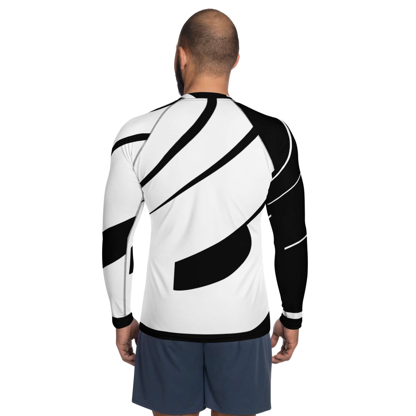 Herren-Rash-Guard N°29 in black and white, full back view of athletic long-sleeve design for sun and weather protection.