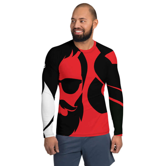 Herren-Rash-Guard N°19 in red and black design, long sleeves, ergonomic seams, perfect for outdoor sports and sun protection.