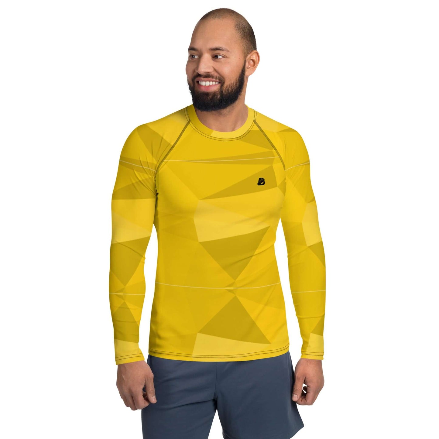 Herren-Rash-Guard N°31 in yellow geometric pattern, long-sleeve for UV protection and comfort during outdoor sports.