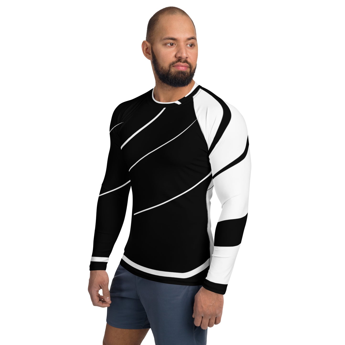 Herren-Rash-Guard N°29 in Schwarz mit weißen Akzenten, ideal zum Sport und Schutz vor Sonne und Wind.