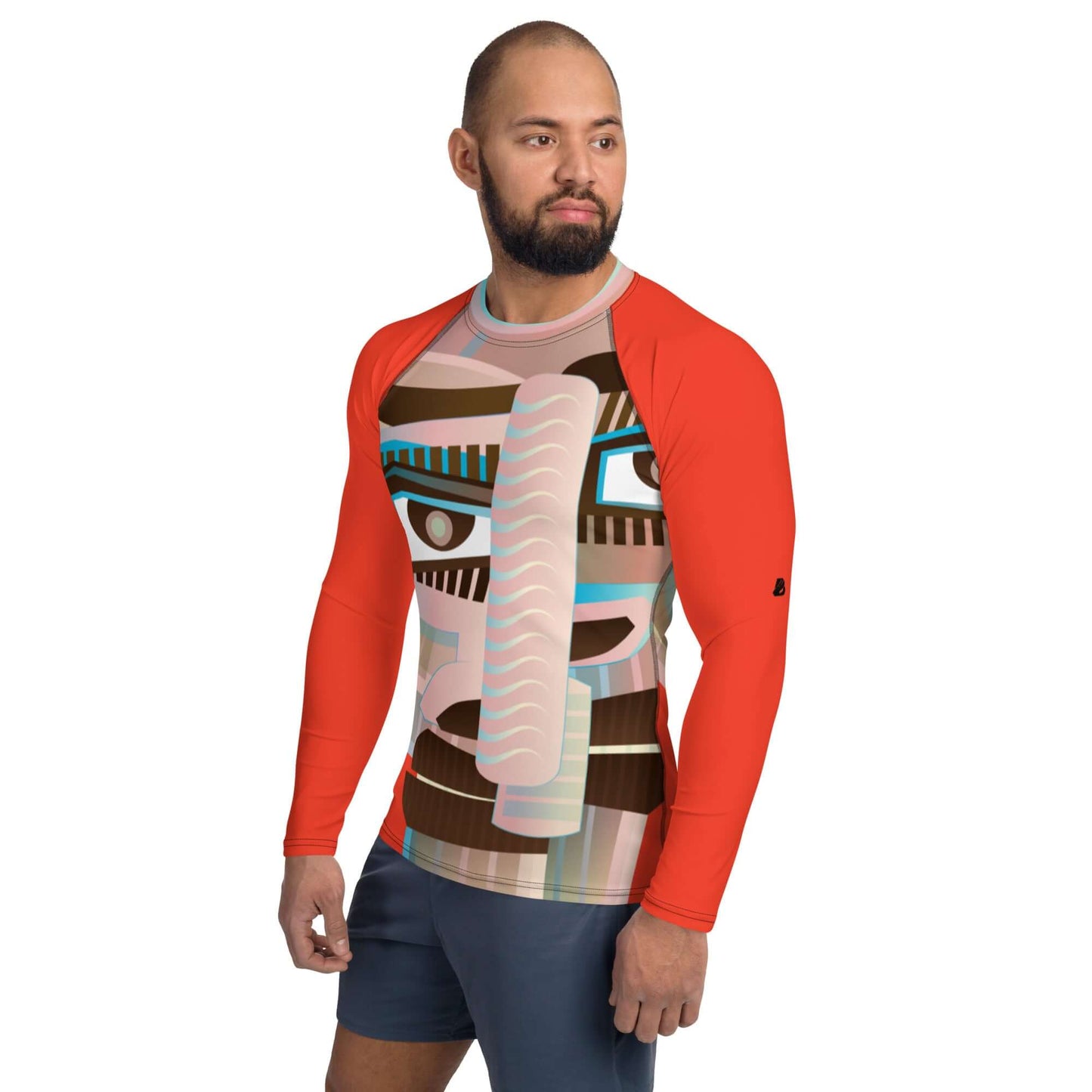 Man wearing Herren-Rash-Guard N°30 with colorful abstract design and red long sleeves, ideal for sports and sun protection.