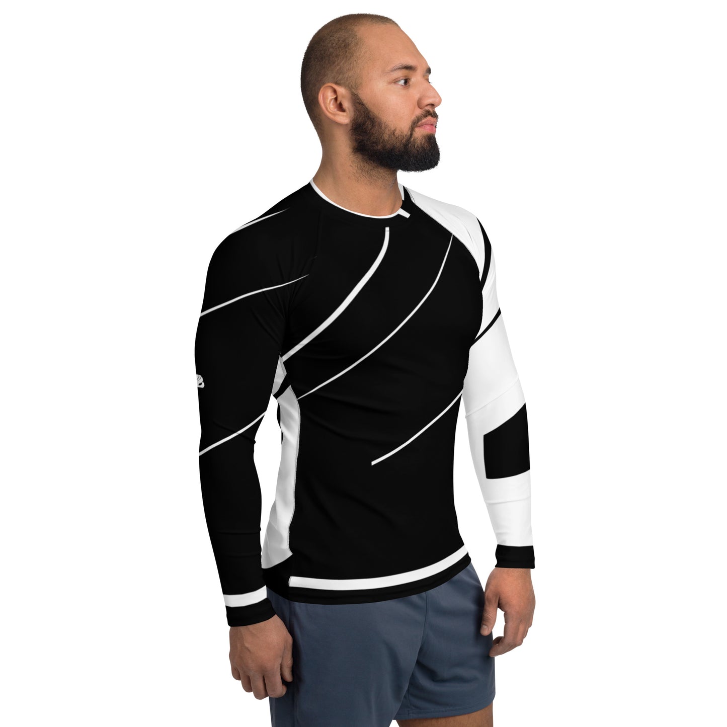 Herren-Rash-Guard N°29 in schwarz-weiß, ideal für Sport und Schutz vor Sonnenbrand und Wetter.