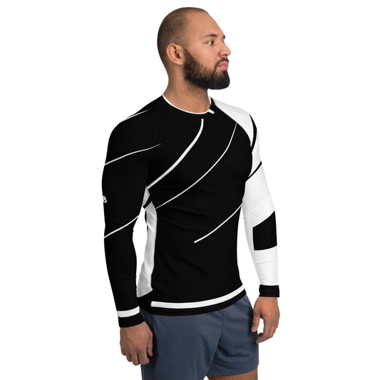Herren-Rash-Guard N°29 in black and white worn by male model, providing sun and wind protection with ergonomic seams for comfort.