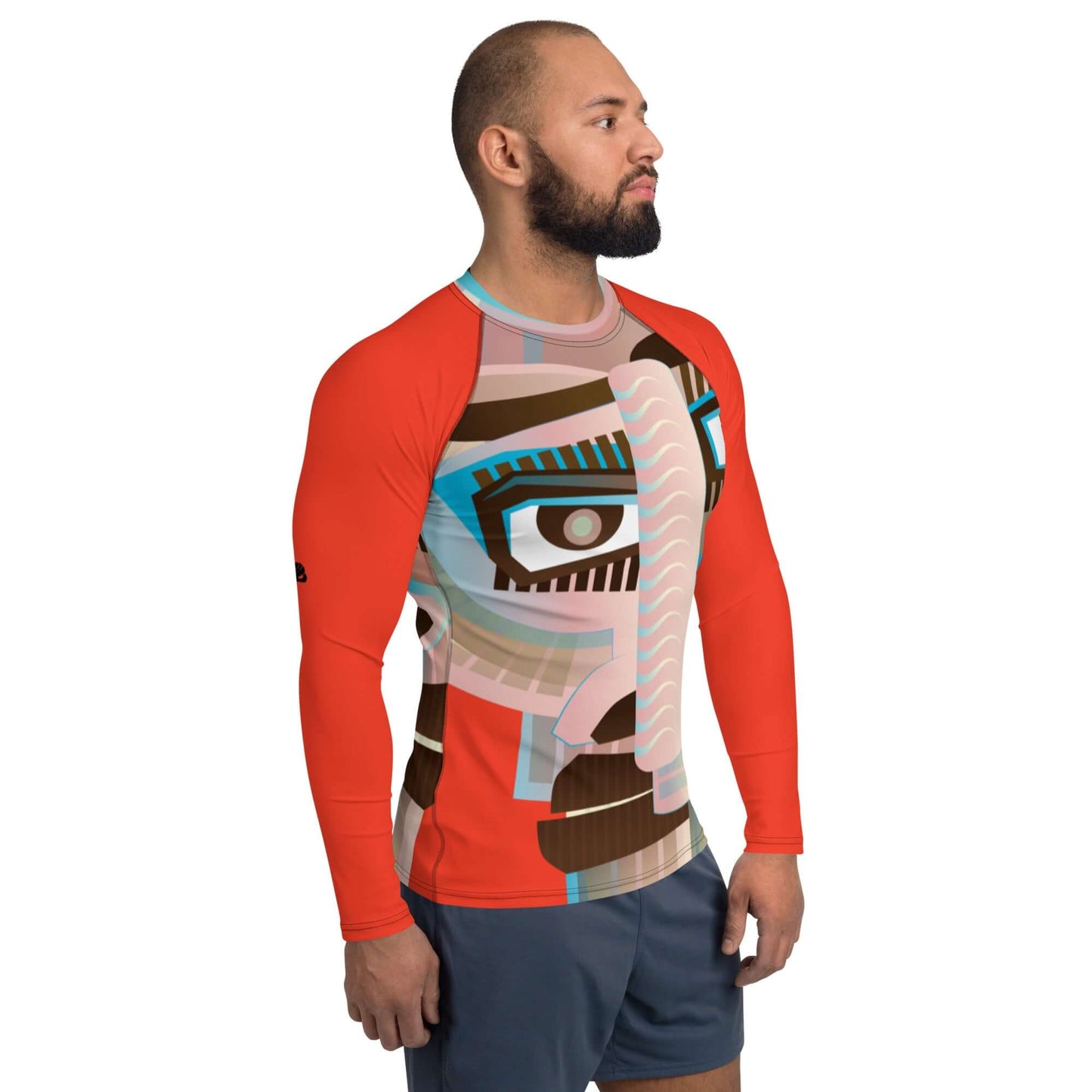 Man wearing Herren-Rash-Guard N°30 in red with artistic design, suitable for outdoor sports protection.