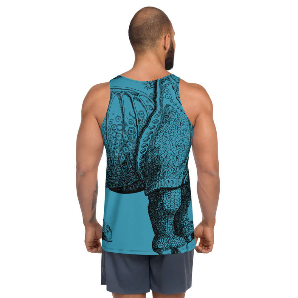Unisex Tank-Top N°2 worn by model, featuring vibrant blue design, soft stretchy material, and relaxed fit for stylish casual wear.