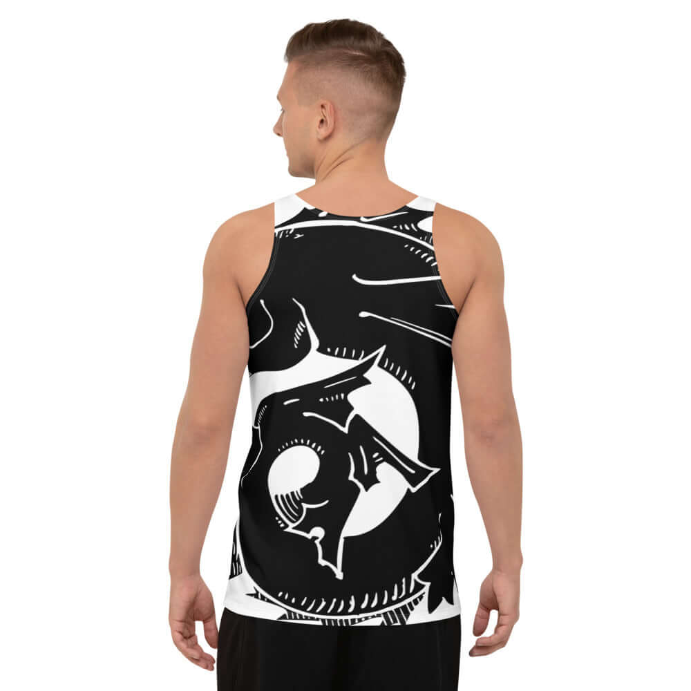 Man wearing Unisex Tank-Top N°3 with black and white abstract design, showcasing comfortable fit and vibrant colors.