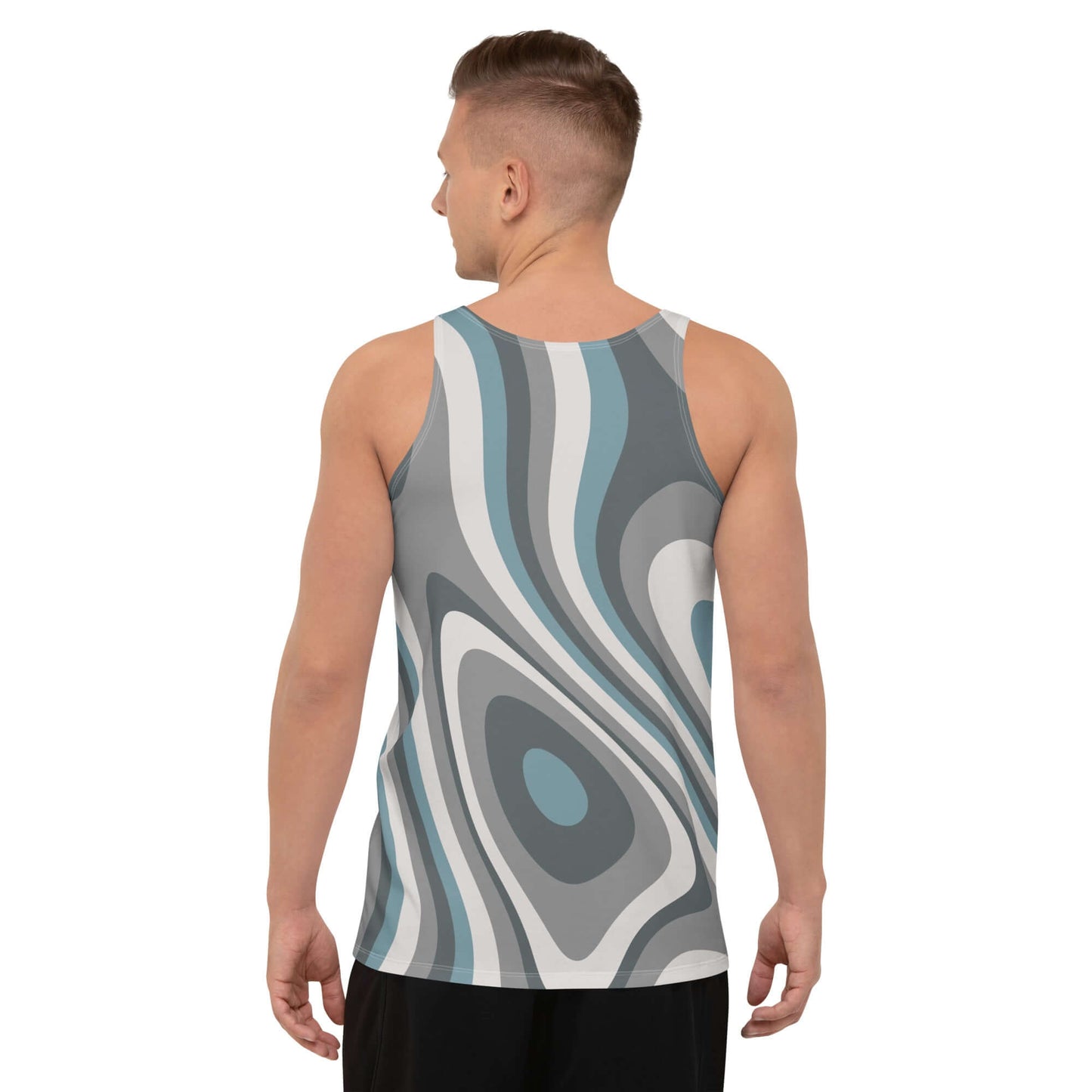 Back view of a person wearing an Unisex Tank-Top N°8 with a stylish, wavy pattern and comfortable fit, ideal for casual wear.