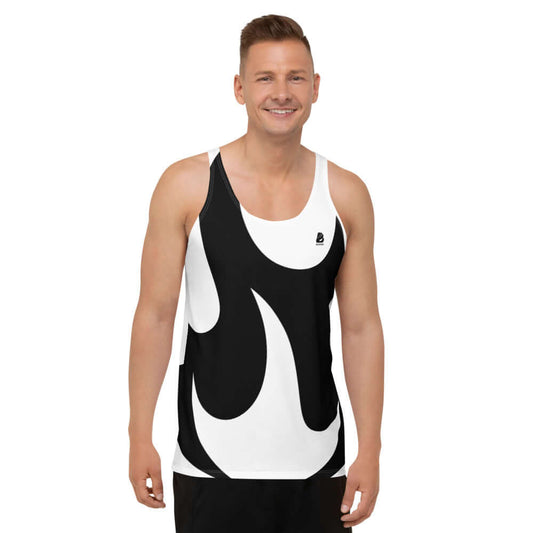 Man wearing black and white Unisex Tank-Top N°0 with artistic pattern