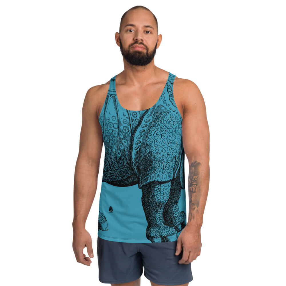 Model wearing Unisex Tank-Top N°2 in vibrant blue with unique patterns, showcasing a comfortable fit and soft material.