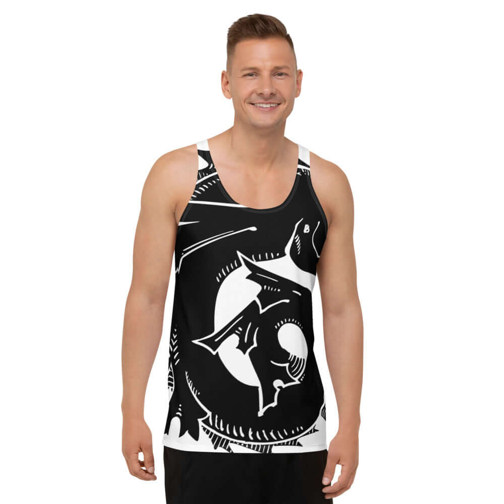 Model wearing Unisex Tank-Top N°3 with bold black and white abstract pattern, showcasing vibrant colors and soft fabric.