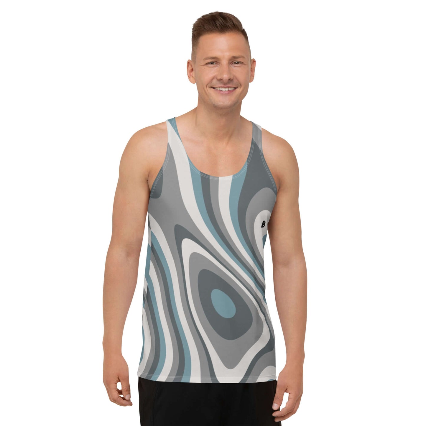 Model wearing Unisex Tank-Top N°8 with vibrant colors and soft material.