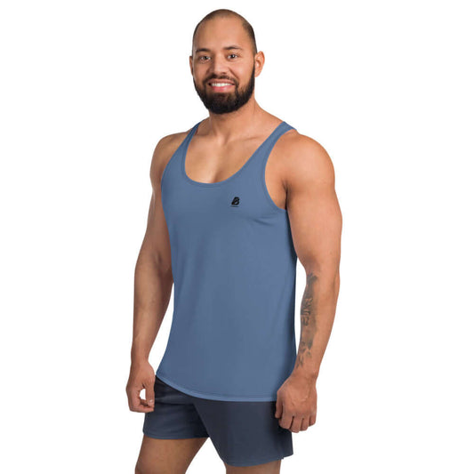 Man wearing Unisex Tank-Top N°1 in blue, showcasing relaxed fit and vibrant color.