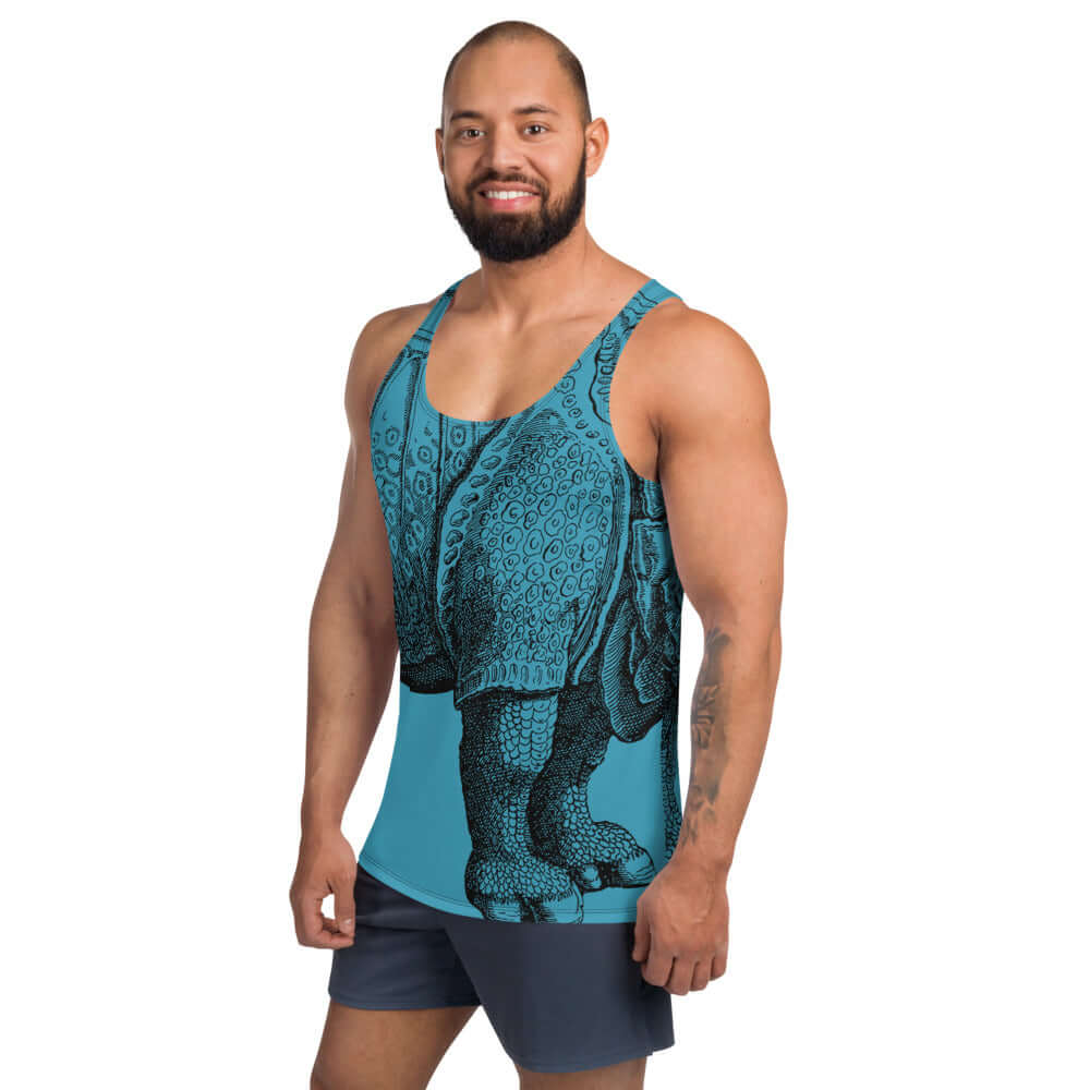 Man wearing Unisex Tank-Top N°2 with vibrant colors and relaxed fit, featuring soft stretchy material.