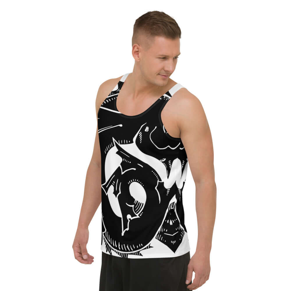 Man wearing Unisex Tank-Top N°3 with bold black and white graphic design, comfortable fit and stretchy material.