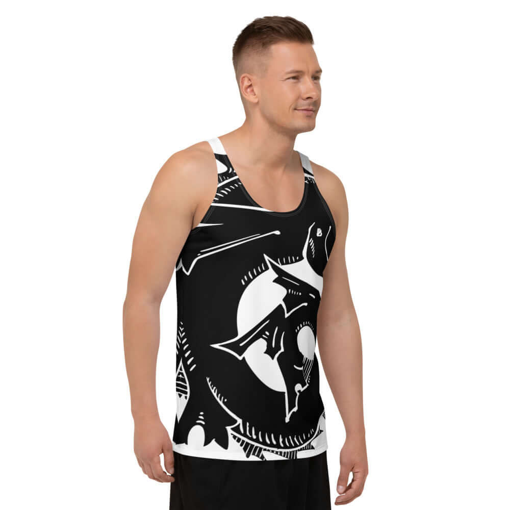 "Unisex Tank-Top N°3 in black and white with abstract design, featuring soft, stretchy fabric for comfortable wear."