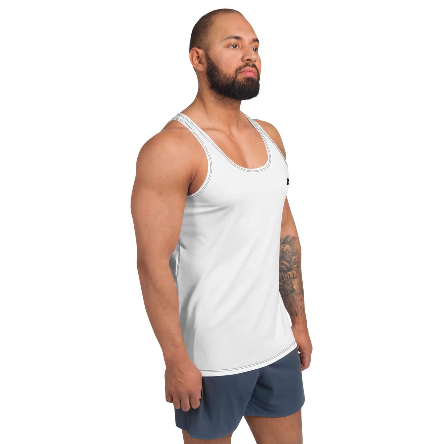 Man wearing Unisex Tank-Top N°7 in white, showcasing soft material and relaxed fit for fashion-forward comfort.