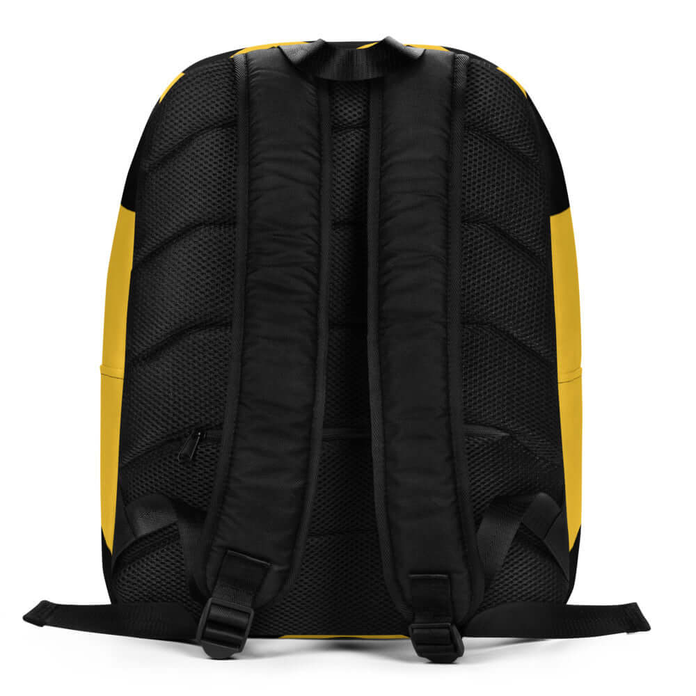 Back view of Minimalistischer Rucksack N°1 showcasing ergonomic padding and adjustable straps in black and yellow.