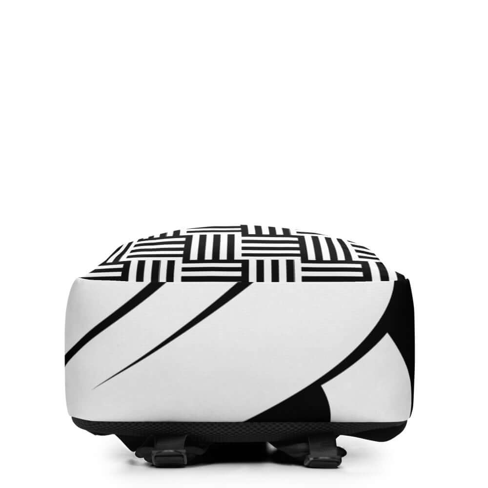 Minimalistischer Rucksack N°0 in grafischem Design, 100% Polyester, mit verborgenen Fächern und Laptop-Tasche.