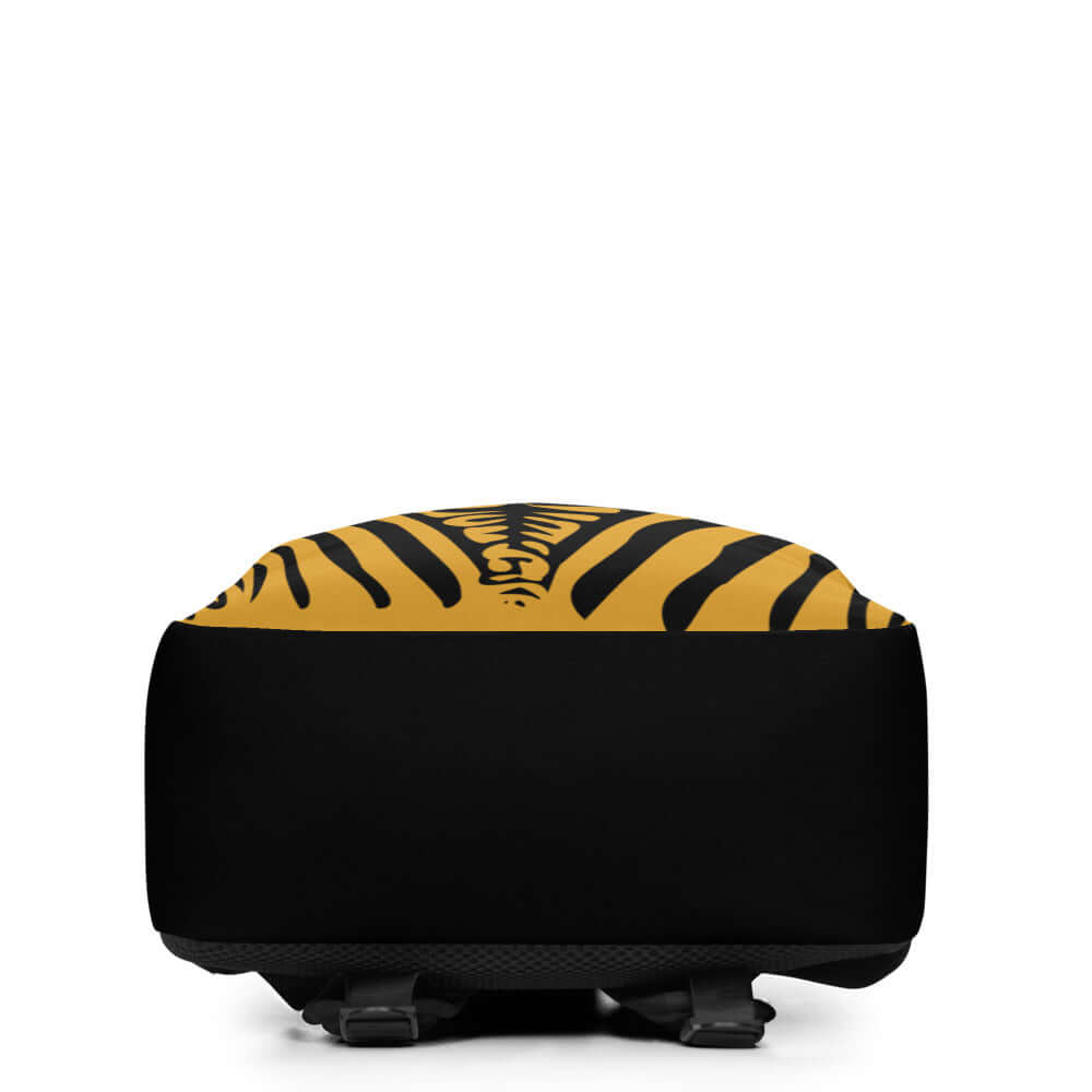 Minimalistischer Rucksack N°3 with black and yellow striped design, featuring spacious interior and hidden back pocket for valuables.