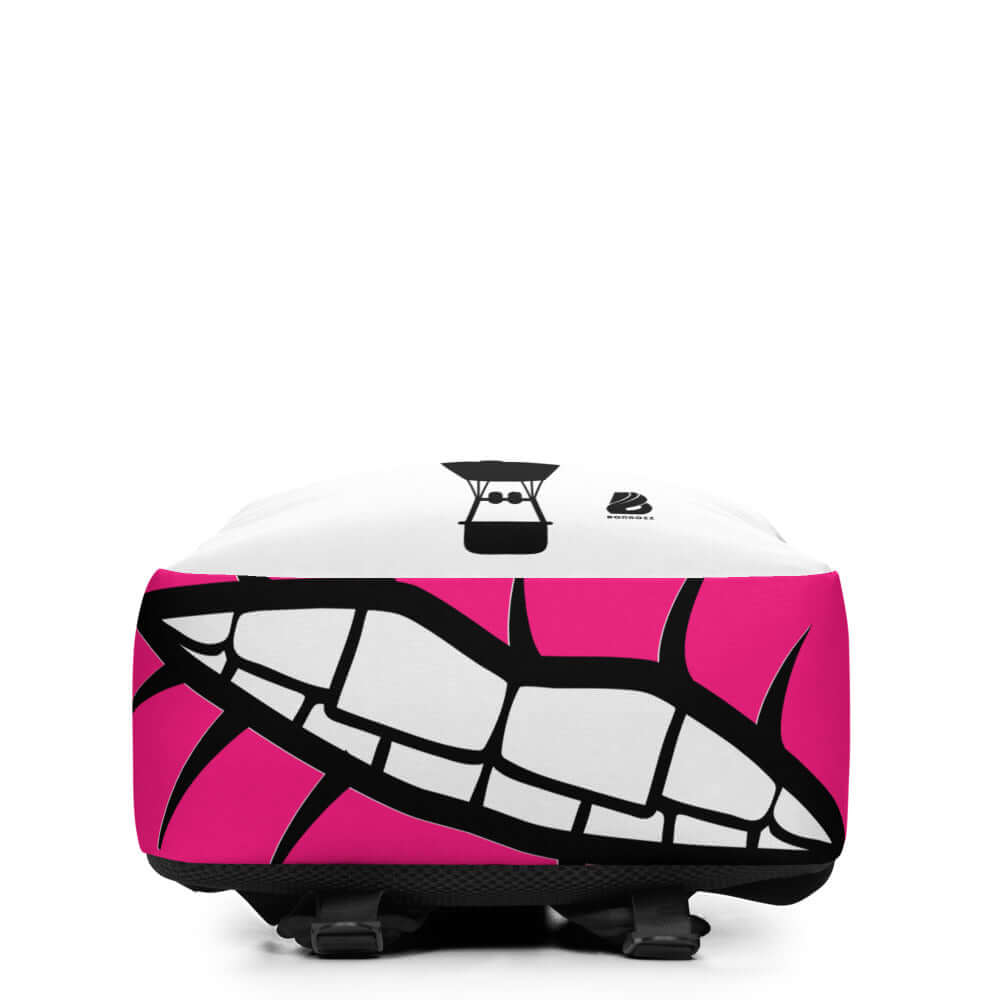 Stylish backpack with bold pink and black graphic design, featuring abstract geometric shapes.