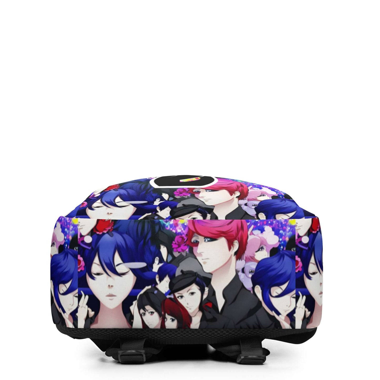 Colorful anime print backpack with artistic character designs against a black background, featuring various vibrant hairstyles and expressions.