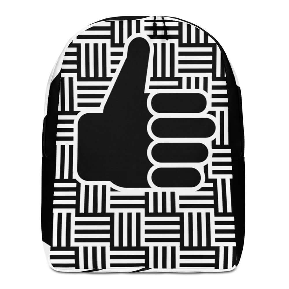 Black and white patterned Minimalistischer Rucksack N°0 with thumbs-up design and hidden compartment for secure storage.