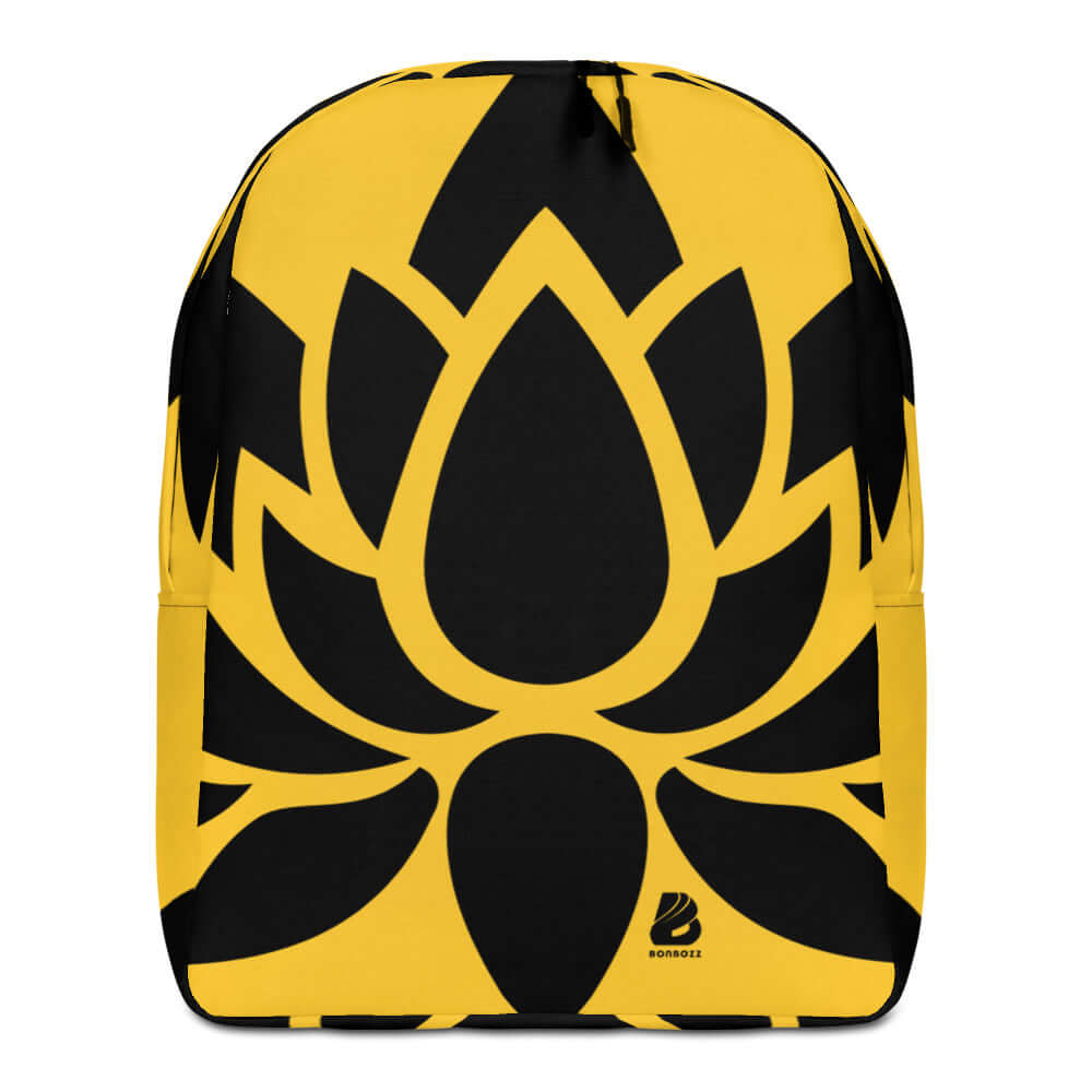 Minimalistischer Rucksack N°1 in gelb und schwarz mit stilisiertem Lotus-Design, geräumig mit Laptopfach, ideal für täglichen Gebrauch.