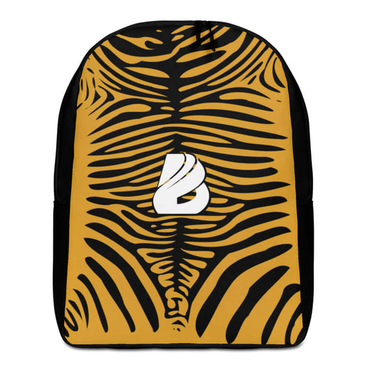 Minimalistischer Rucksack N°3 with zebra pattern design on a brown background, featuring a polyester build with hidden and laptop compartments.