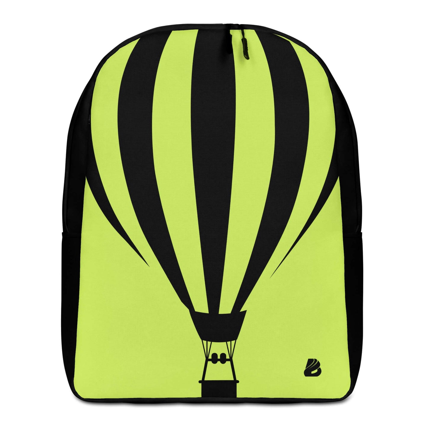 Minimalistischer Rucksack N°5 with hot air balloon design, lime and black colors, showcasing spacious interior and hidden compartment.