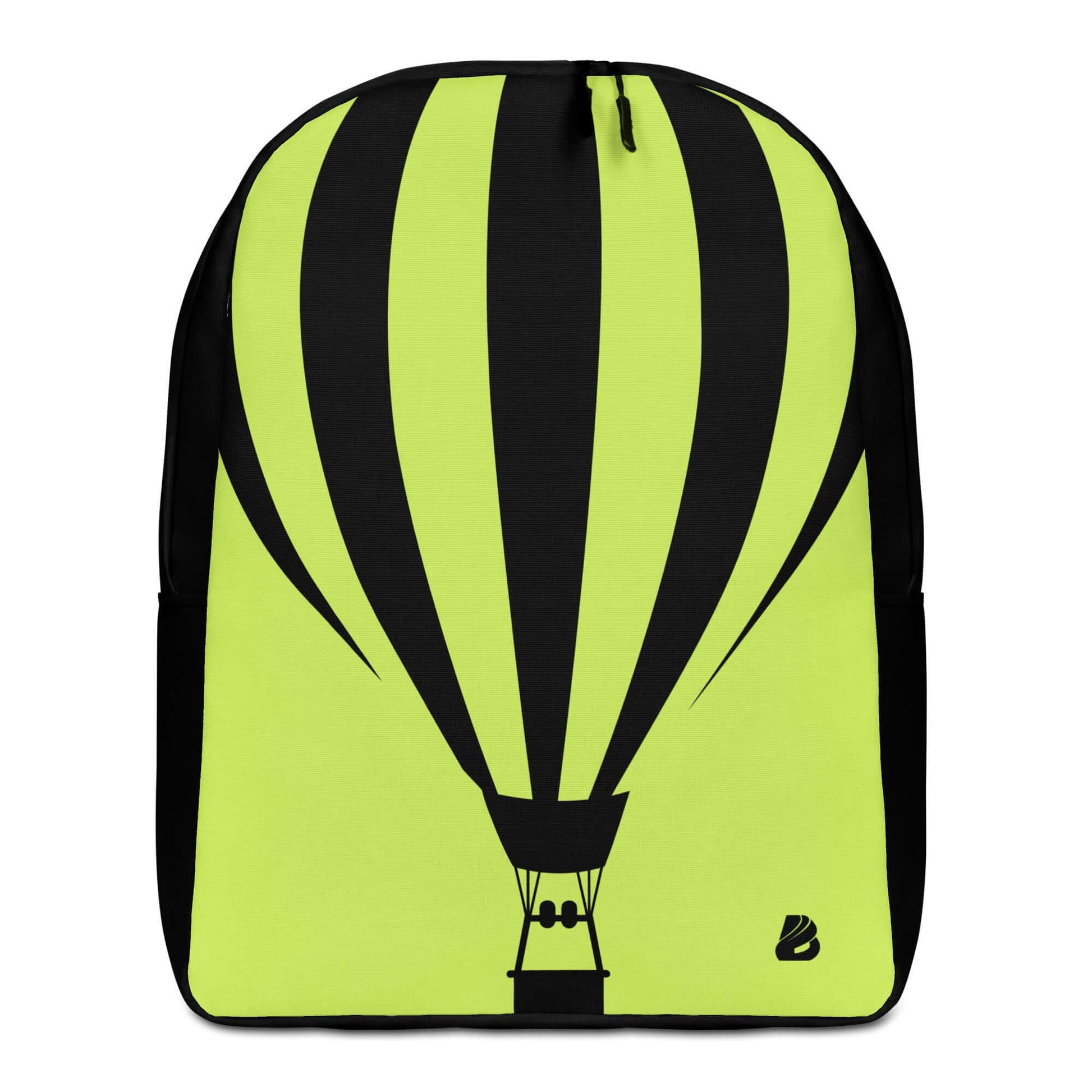 Minimalistischer Rucksack N°5 with hot air balloon design, lime and black colors, showcasing spacious interior and hidden compartment.