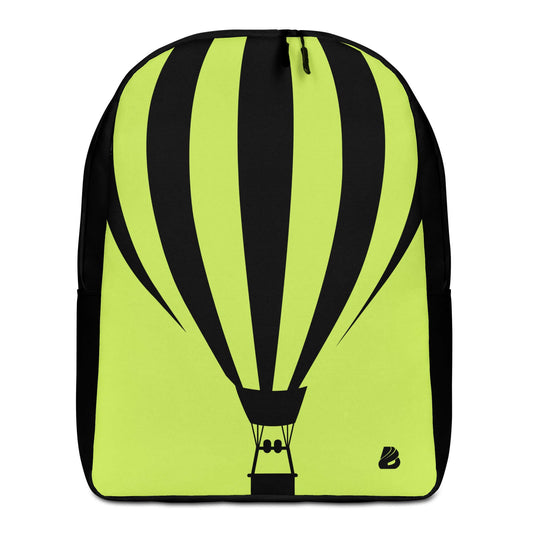 Minimalistischer Rucksack N°5 with hot air balloon design, lime and black colors, showcasing spacious interior and hidden compartment.