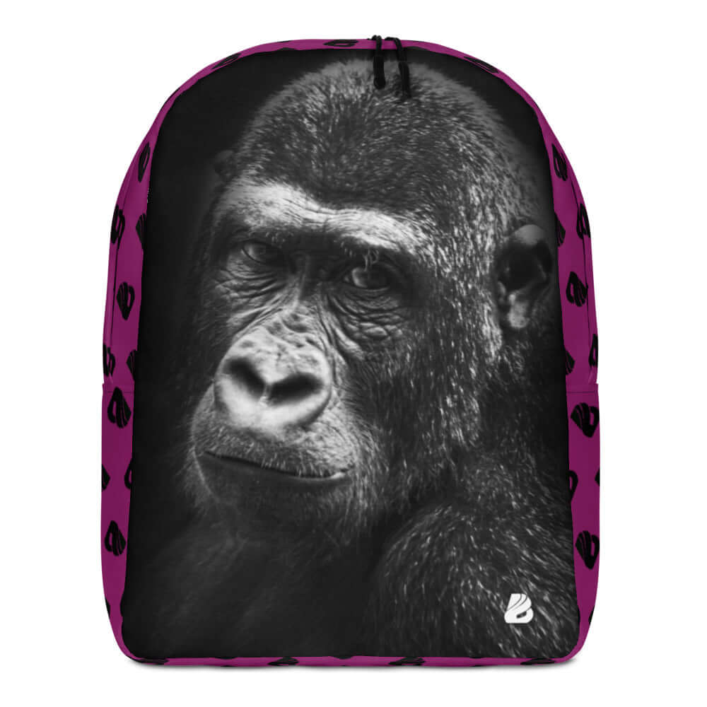 Minimalistischer Rucksack N°11 with gorilla design on purple background, features laptop pocket and hidden compartment, made of 100% polyester.
