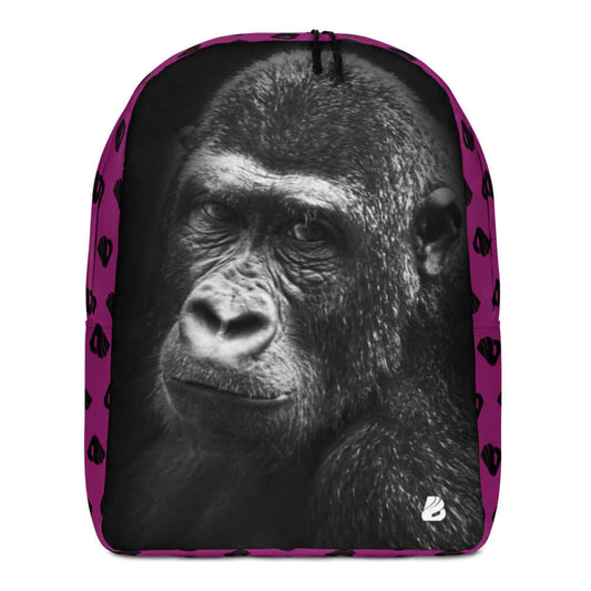 Minimalistischer Rucksack N°11 with gorilla design on purple background, features laptop pocket and hidden compartment, made of 100% polyester.