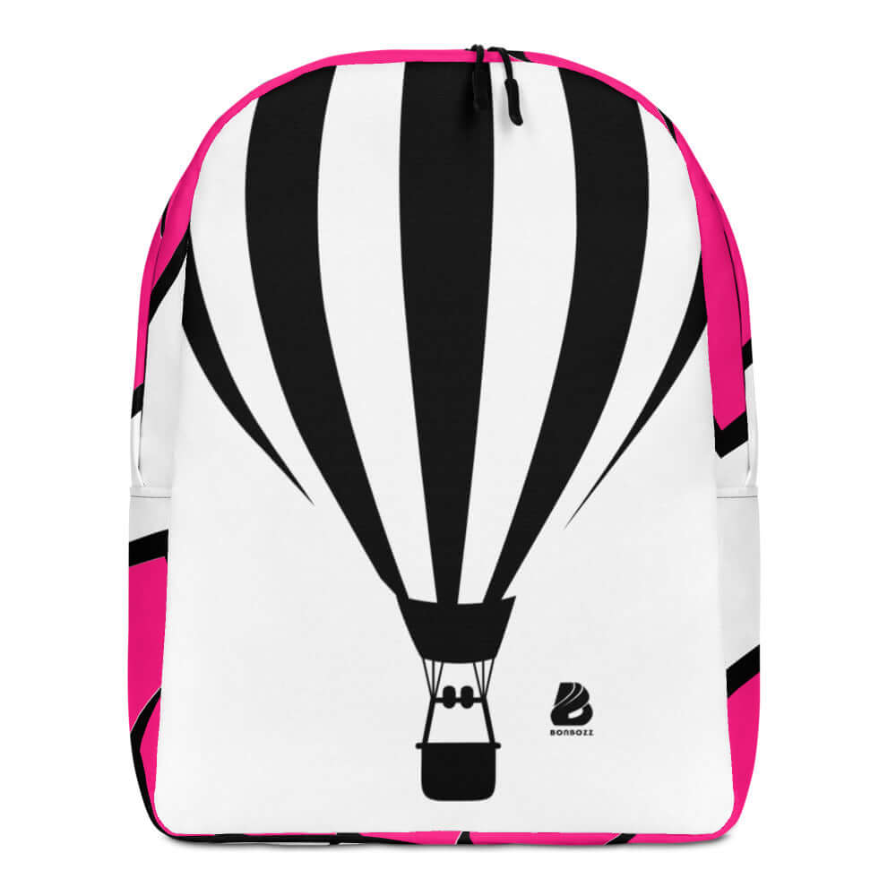 Minimalistischer Rucksack N°13 mit Heißluftballon-Design, pink und schwarz, aus Polyester, ideal für Alltag und Reisen