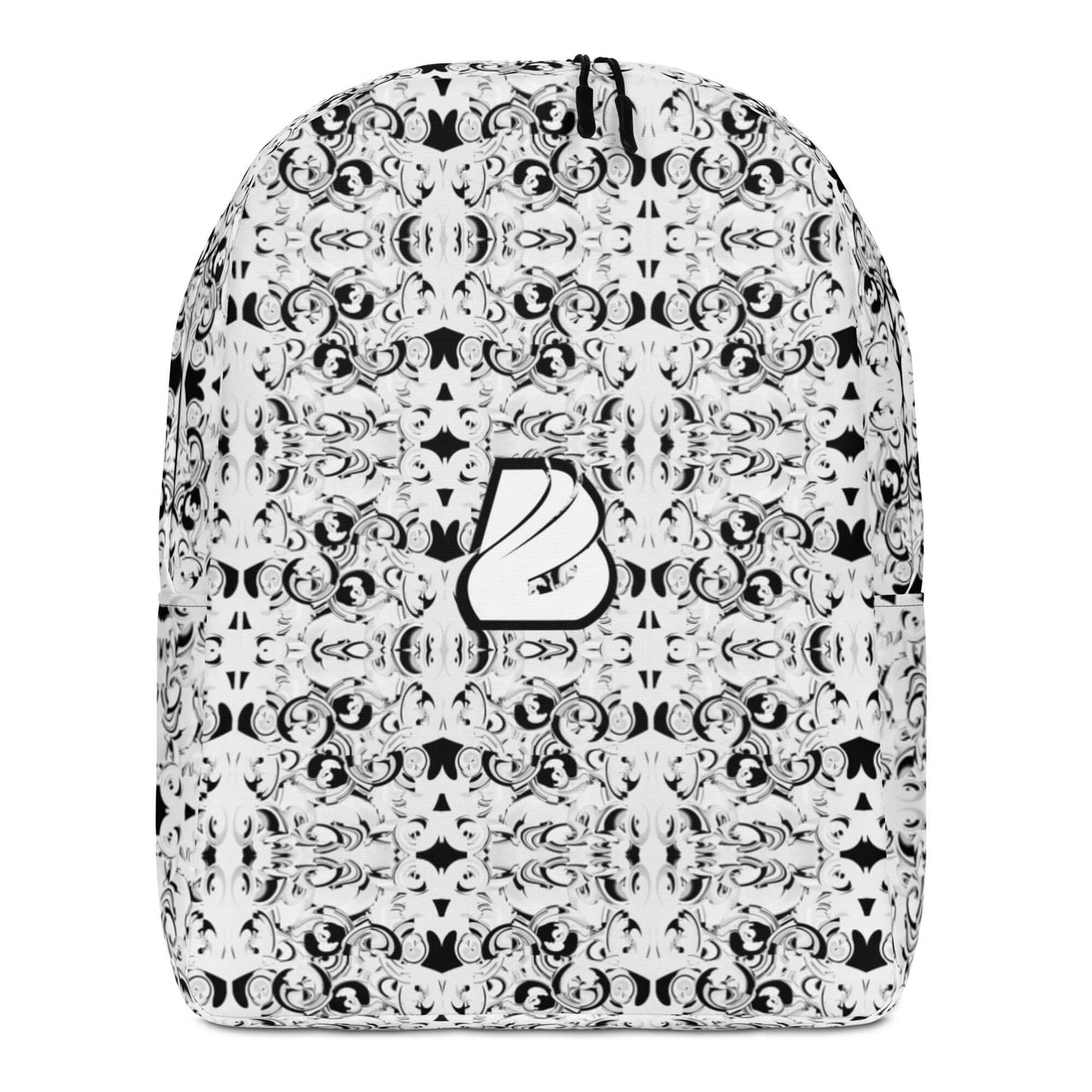 Minimalistischer Rucksack N°15 with black and white pattern, featuring a hidden compartment and laptop pocket, made from 100% polyester.
