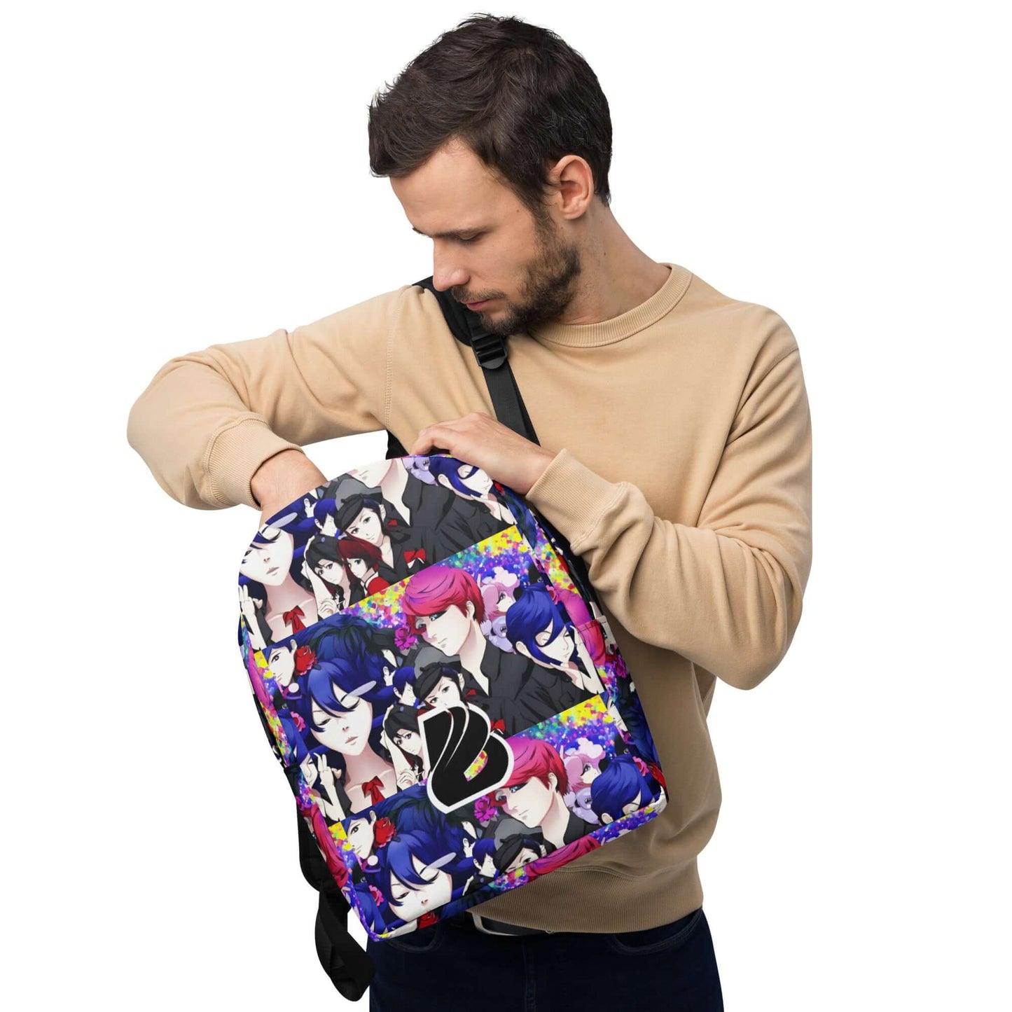 Person with anime-patterned backpack showing practical use of Minimalistischer Rucksack N°16 with ample storage and hidden pocket.