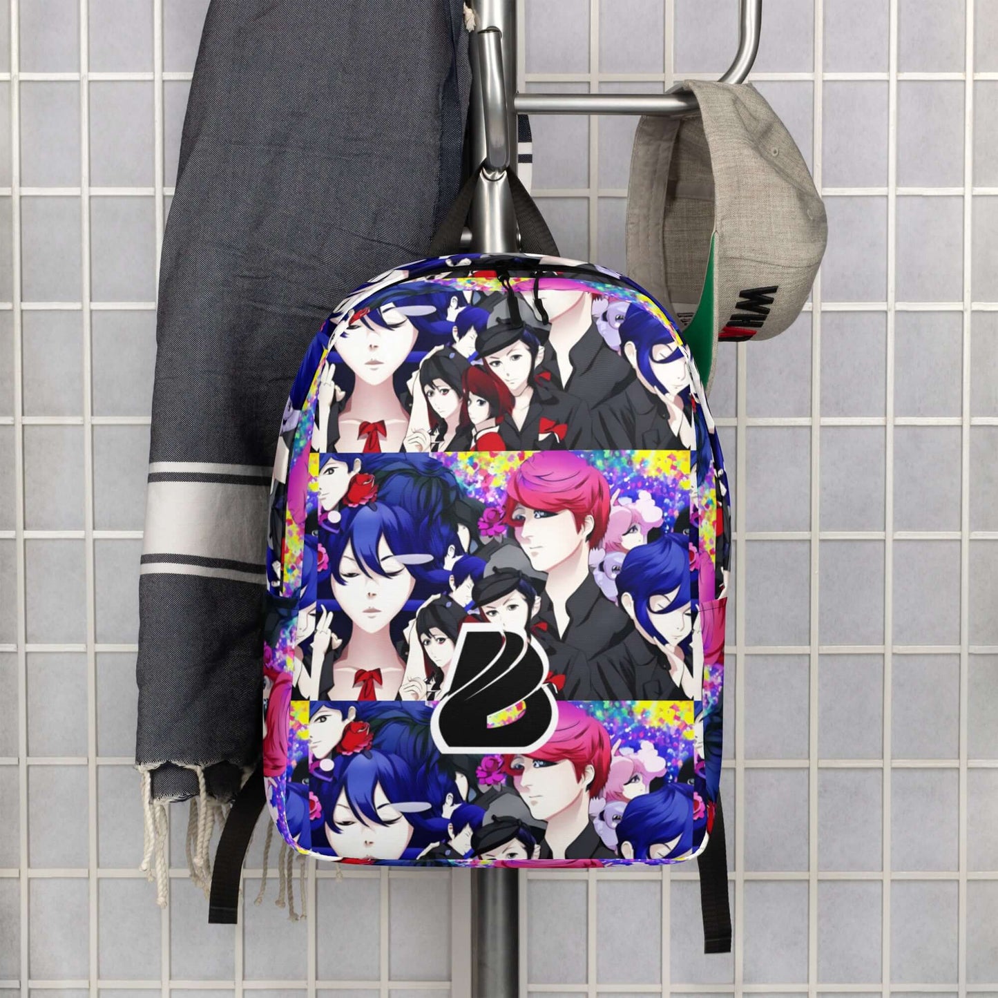 Fashionable anime-themed backpack hanging on a hook against a tiled wall, featuring colorful illustrated characters.