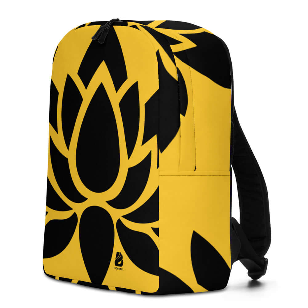 Minimalistischer Rucksack N°1 in gelb mit Blütenmuster, geräumig mit Laptoptasche und verstecktem Fach, aus 100% Polyester, 20l Volumen