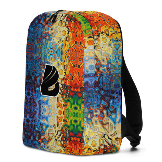 Colorful abstract pattern backpack with a black logo, perfect for carrying essentials. Features spacious compartments and modern design.