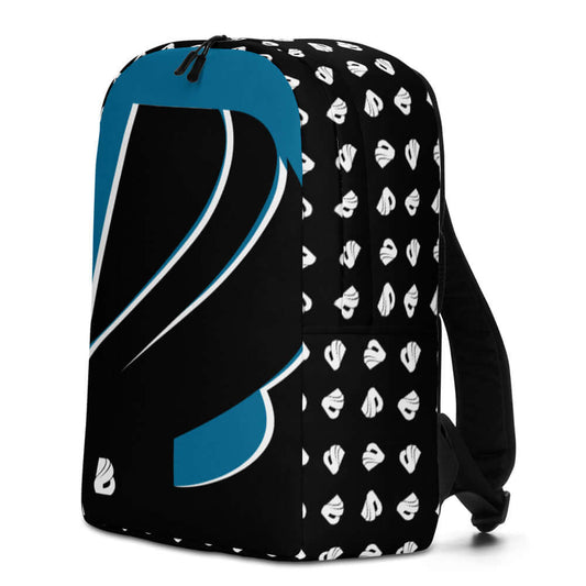 Minimalistischer Rucksack N°7 with black and blue abstract design, side view showing spacious and stylish backpack with polyester material.