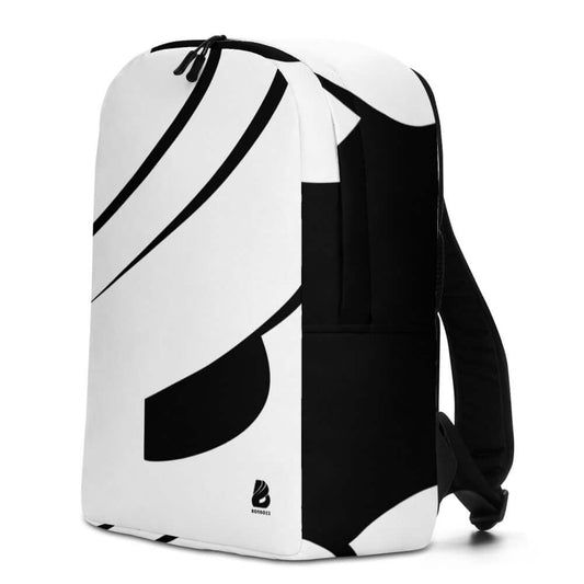 Minimalistischer Rucksack N°8 in schwarz-weißem Design mit Laptopfach und verstecktem Sicherheitsfach für Wertgegenstände.