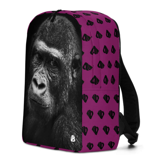 Minimalistischer Rucksack N°11 mit Gorillamotiv, lila mit schwarzem Band, inklusive separater Laptoptasche und verstecktem Fach.