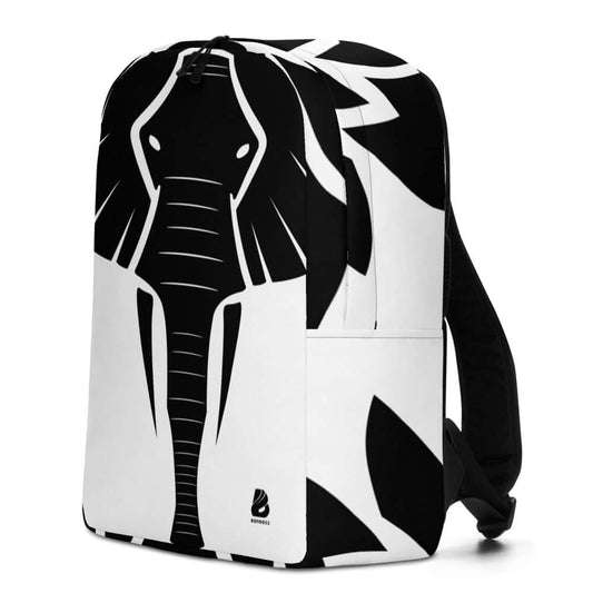 Minimalistischer Rucksack N°12 with elephant design, black and white, ideal for carrying essentials with separate laptop compartment.