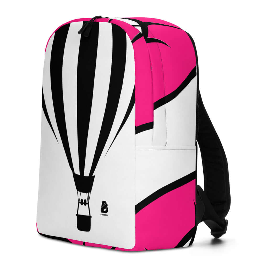 Minimalistischer Rucksack N°13 mit schwarzem Heißluftballon-Design und verstecktem Fach, ideal für Laptop und sichere Aufbewahrung.